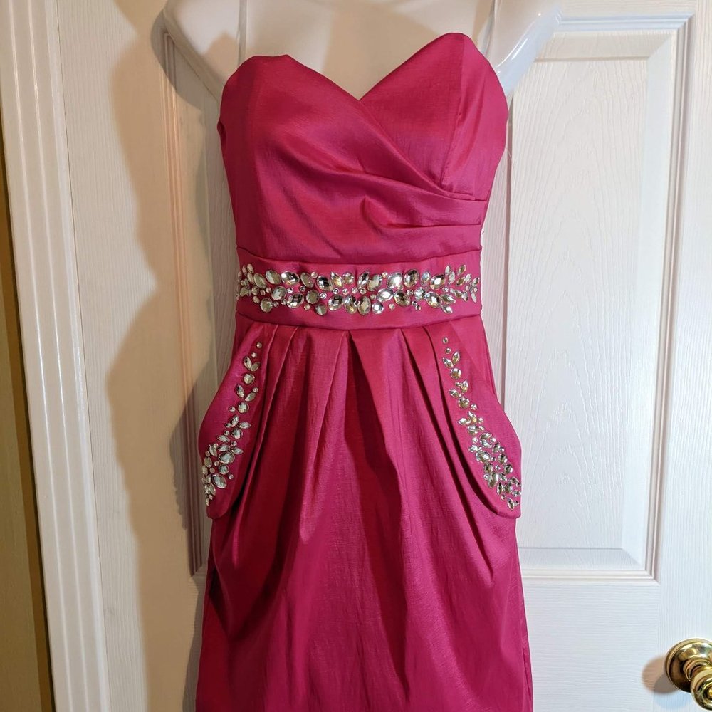 Taboo Strapless Hot Pink Satiny Dress Crystal Rhinestones - size M NWOT